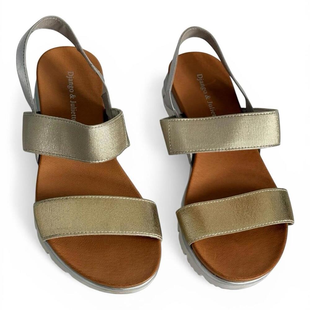 Django Juliette Lellie DJ Gold Elastic Strap Sandals Size Women 37 US 6.5 Flats